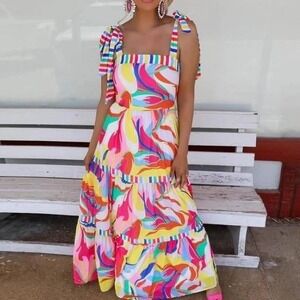 Flying Tomato Aura Rainbow Swirl Multicolor Tea‎ Party Woven Maxi Dress Size M